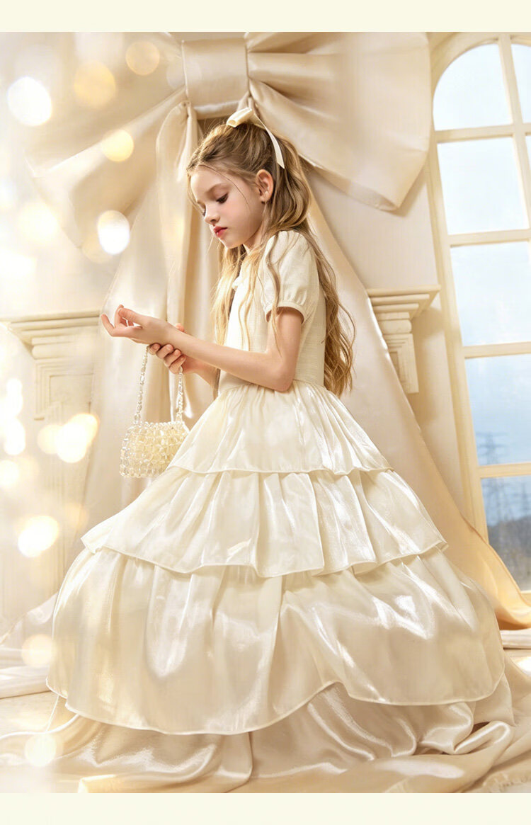 CHANZUIGOU Girls Mousse Cake Princess Dress 26 Summer New Children's Waterdrop Button Mid-Length Satin Dress 22